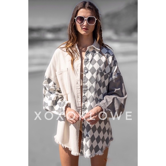 1 L POL Retro 90s Color Block Harlequin Print Denim Twill Shacket - Picture 9 of 14